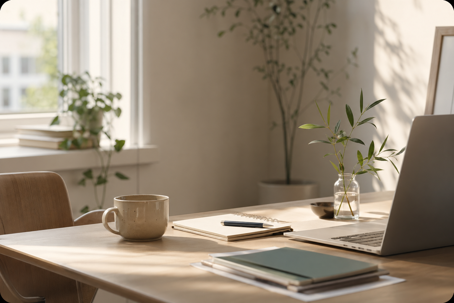 A calm modern desk with a notebook, laptop, papers, and soft window light
